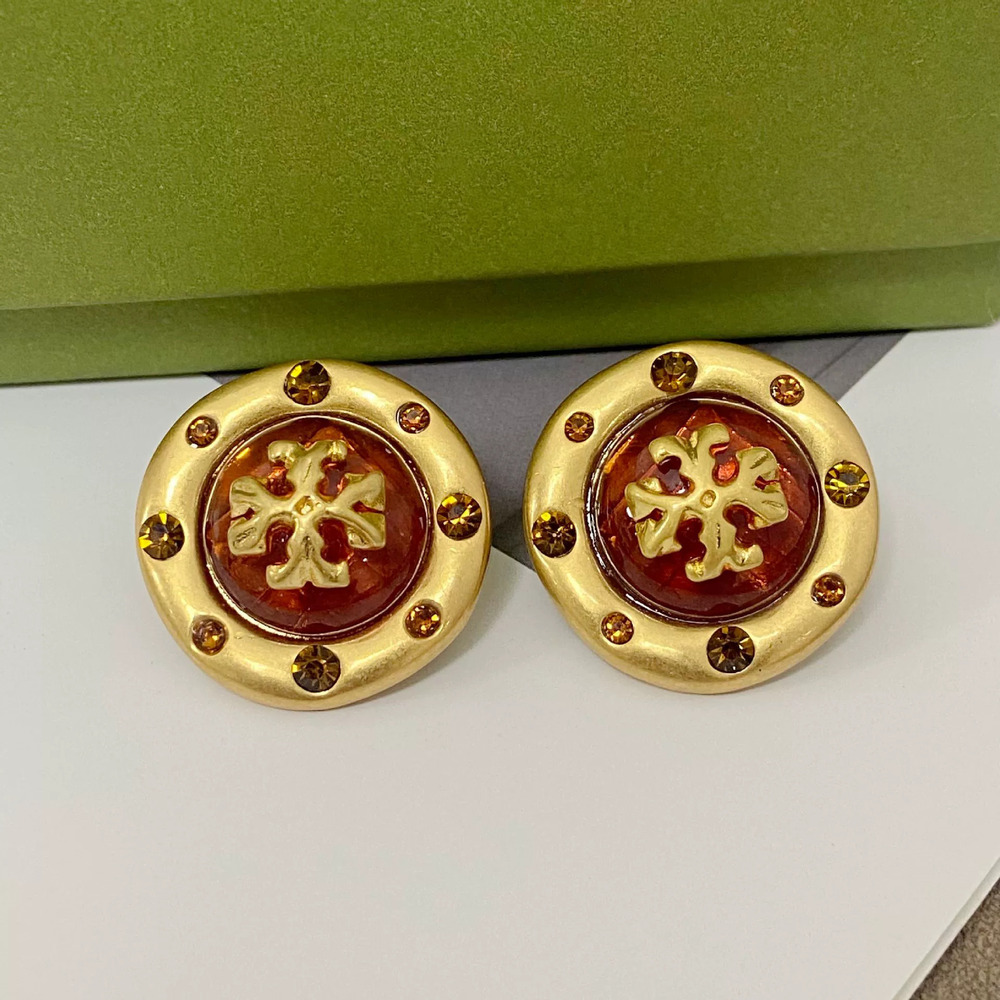 Tory Burch Acrylic Geometric Round Rhinestone Metal Stud Earrings